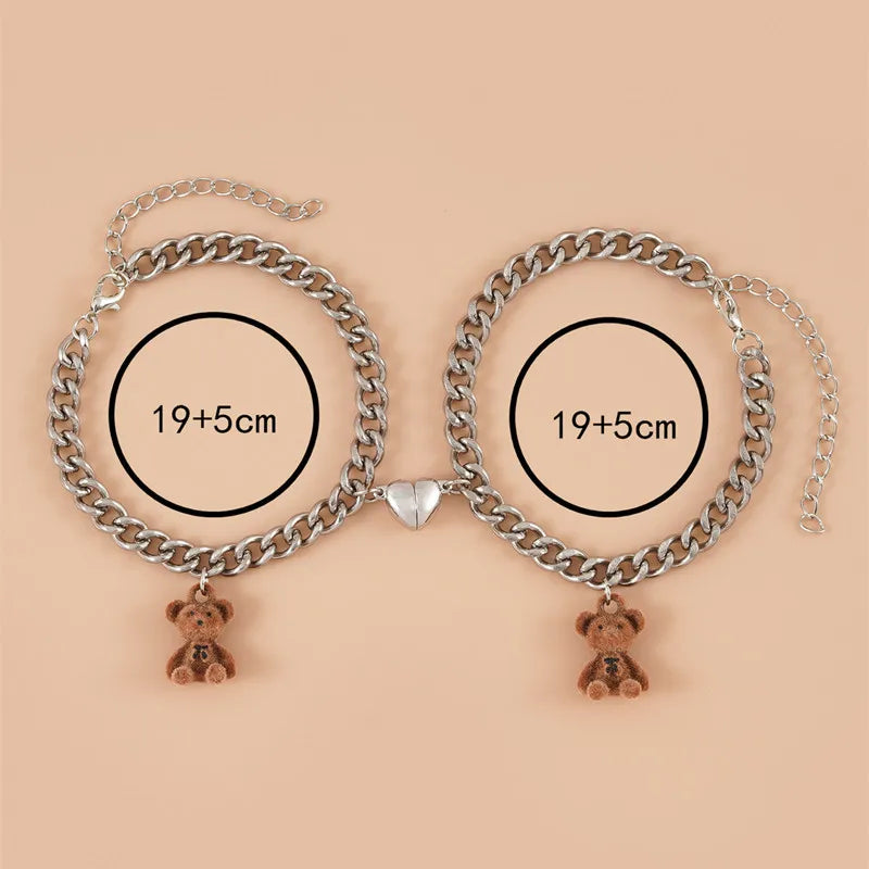 2Pcs New Plush Bear Couple Magnet Bracelets Stainless Steel Heart Chain Bracelet Unisex Friendship Valentine's Day Jewelry