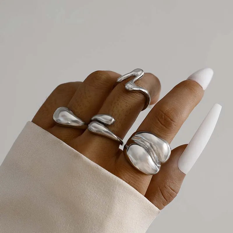 4Pcs/Set Fashion Silver Color Irregular Geometric Open Rings For Women Men Punk Metal Adjustable Knuckle Joint Ring Jewelry