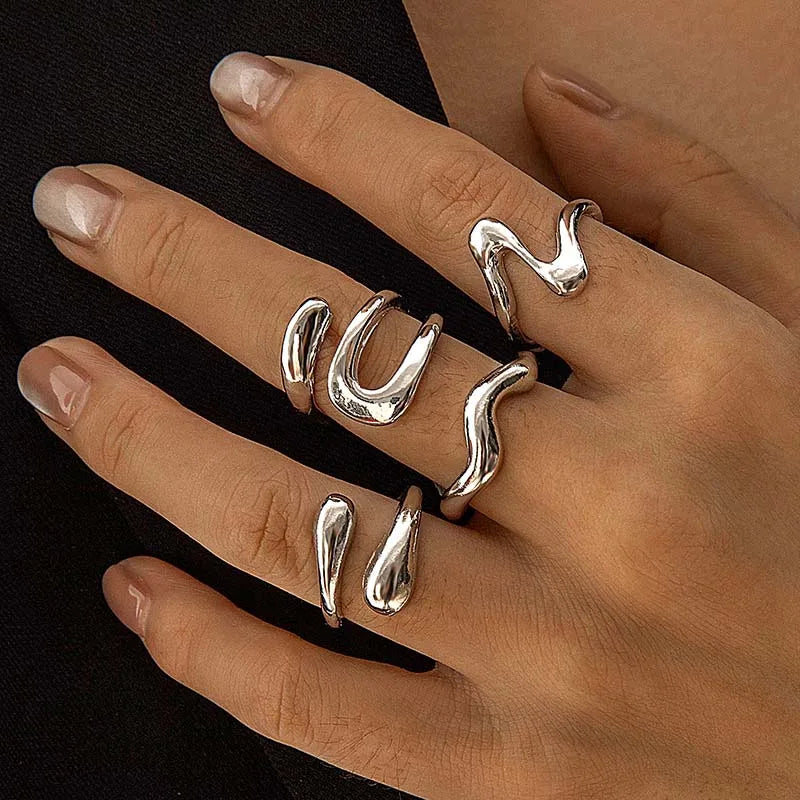 4Pcs/Set Fashion Silver Color Irregular Geometric Open Rings For Women Men Punk Metal Adjustable Knuckle Joint Ring Jewelry